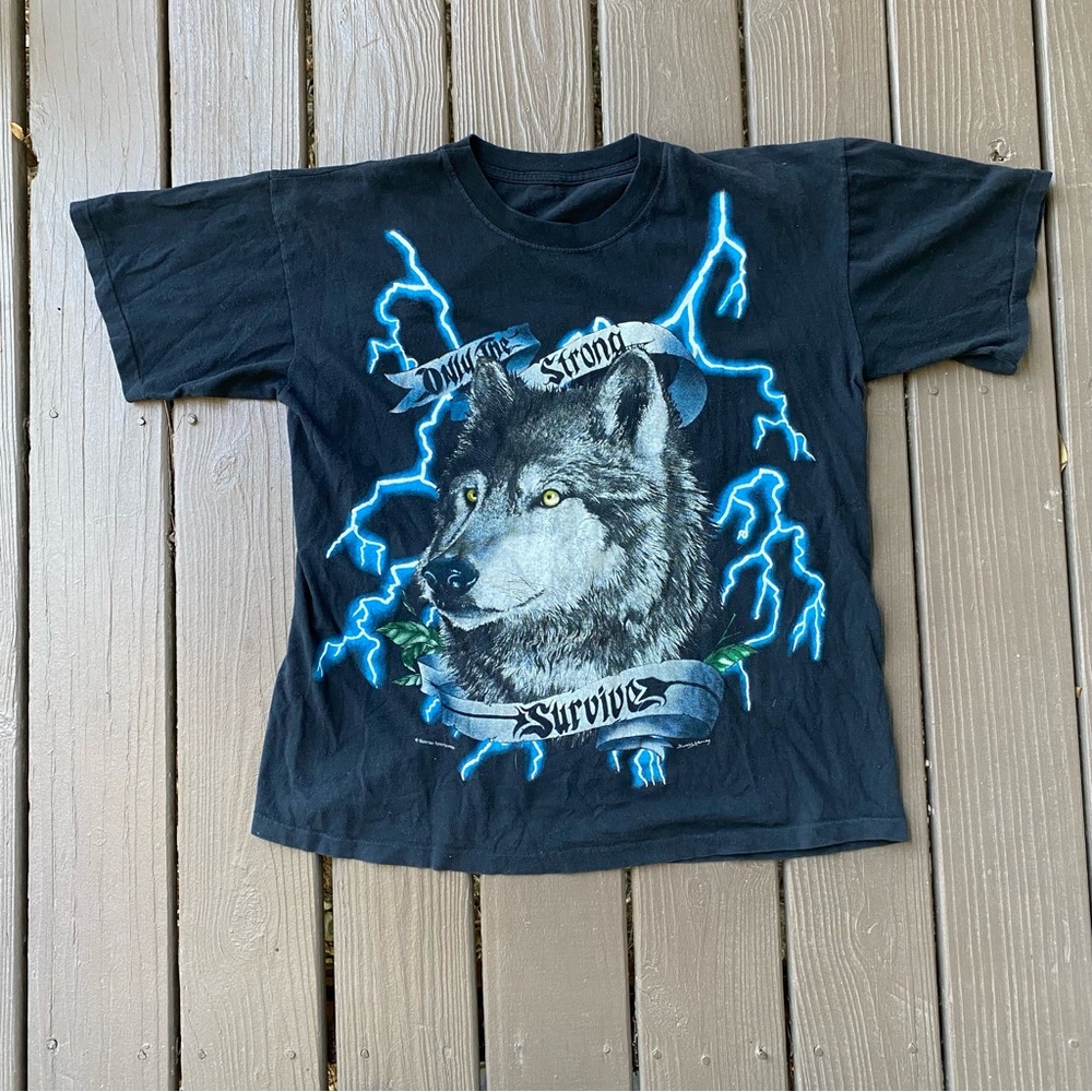 Vintage 90s American Thunder Wolf Only The Strong Survive T-Shirt Tee Large/XL